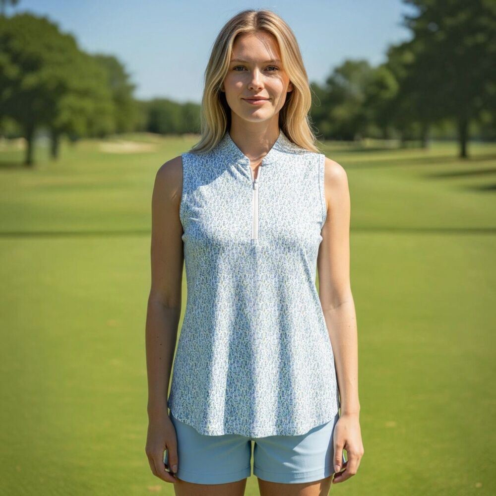 Rhoback Womens Large Sleeveless Golf Polo Top Quater Zip Floral White Blue Poly